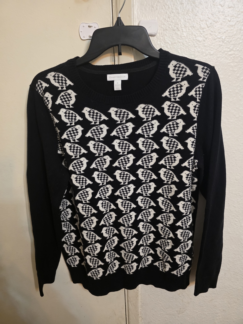 Charter Club Black and White Bird-Pattern Crewneck Sweater